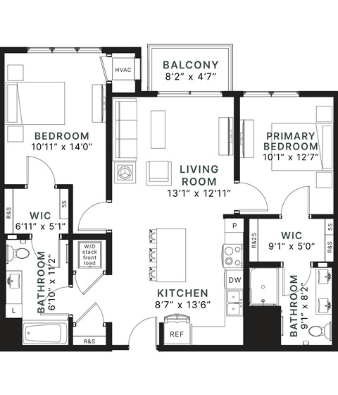 Floor plan for 2 beds, 2 baths, 1061 sqft